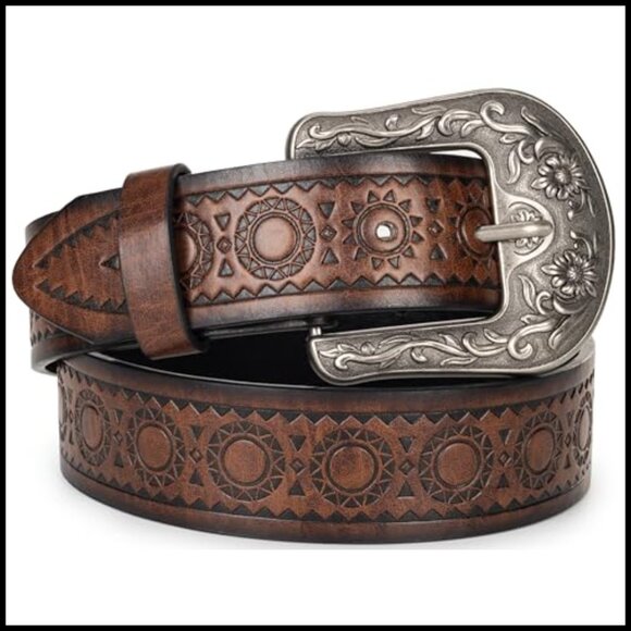Vintage Western Belt Carved Buckle PU Leather Waist Accessory Chic Retro - Picture 6 of 7